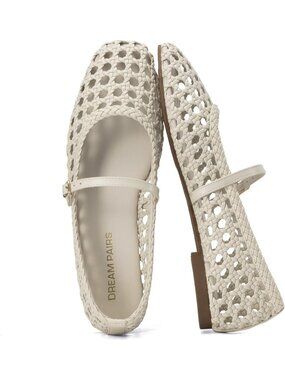 Women's Woven Mesh Ballet Flats Beige Square Toe Mary Jane Dressy Shoes